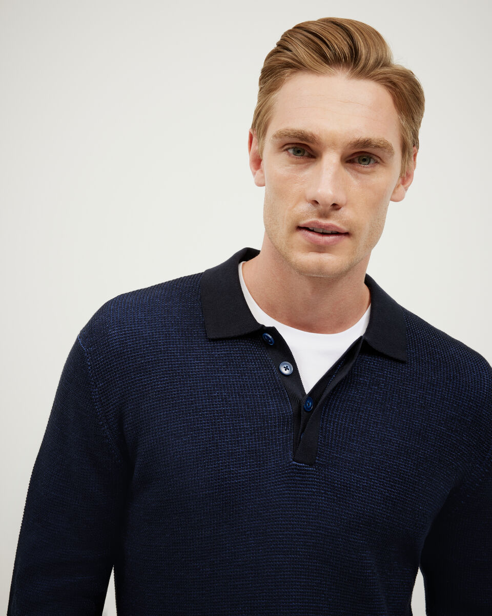 Two-Toned Long Sleeve Knit Polo, Navy, hi-res